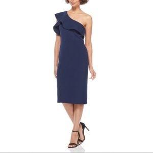 Maggy London // NWT Navy Dark Blue One Shoulder Ruffle Midi Dress